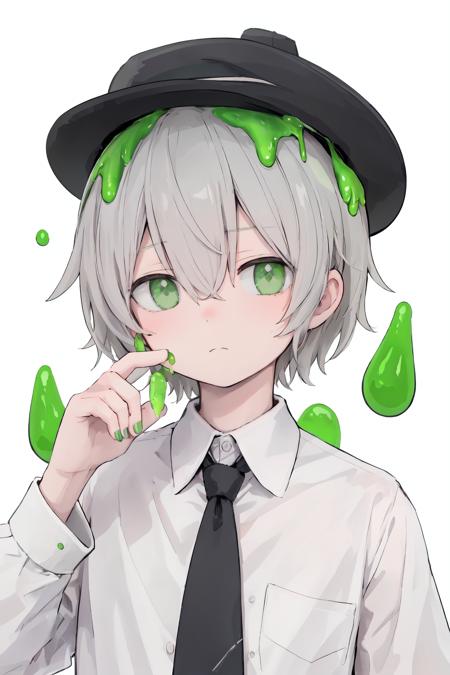 02206-329905575-green eyes, solo, hat, 1boy, male focus, holding, shirt, necktie, upper body, looking at viewer, long sleeves, short hair, black.png